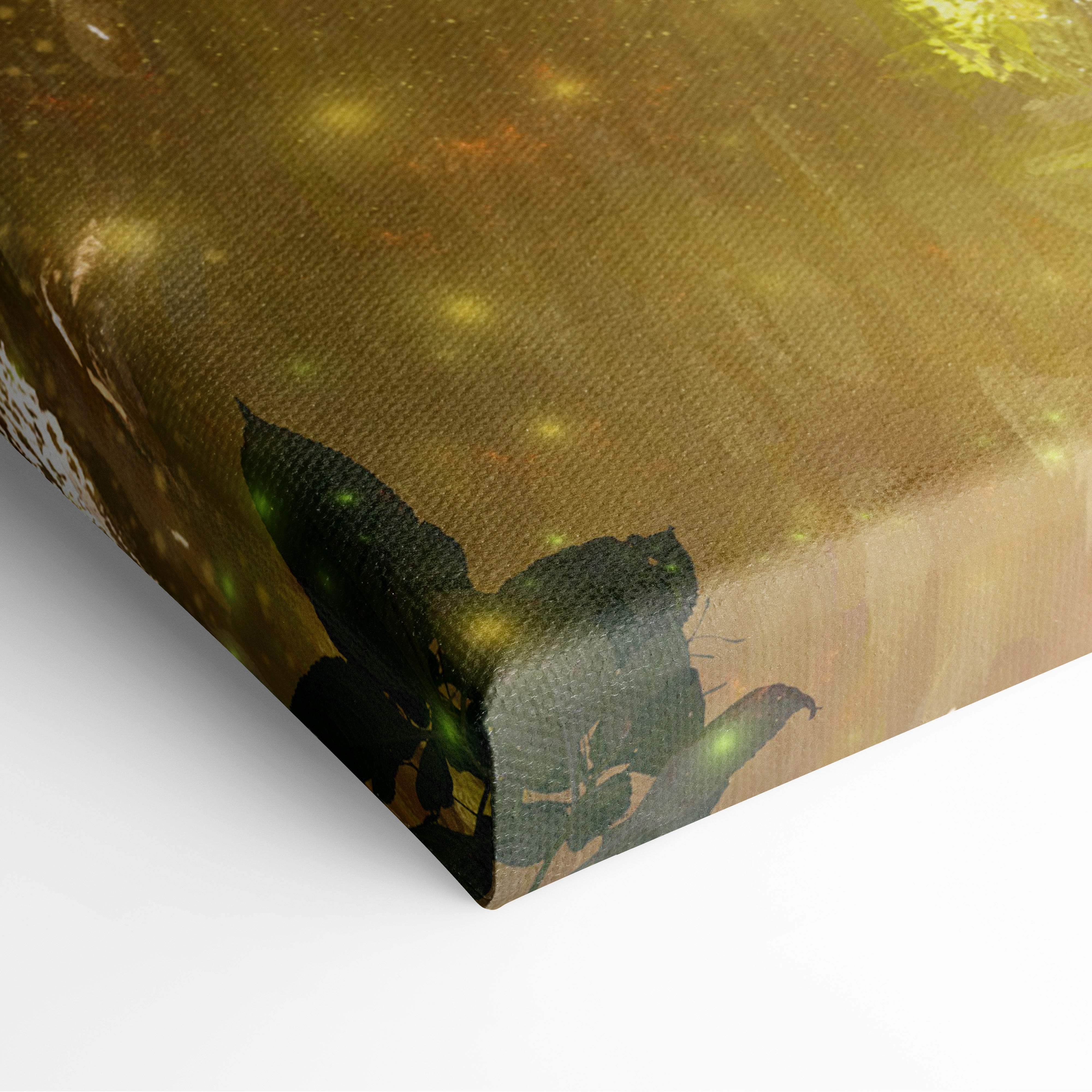 Ancient forest guardian canvas print with textured golden background, dark green leaf silhouettes, and glowing light spots