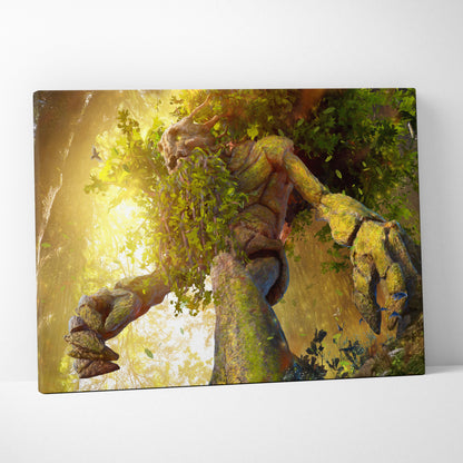 Ancient Forest Guardian Canvas Art – Giant Tree Ent Creature, Sunlit Woodland Magic, Lush Green Nature Fantasy, Mystical Golden Light, Epic Cinematic Wall Decor