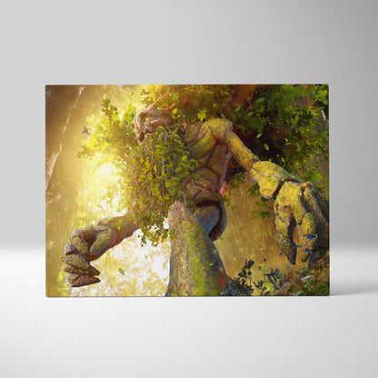 Ancient Forest Guardian Canvas Art – Giant Tree Ent Creature, Sunlit Woodland Magic, Lush Green Nature Fantasy, Mystical Golden Light, Epic Cinematic Wall Decor