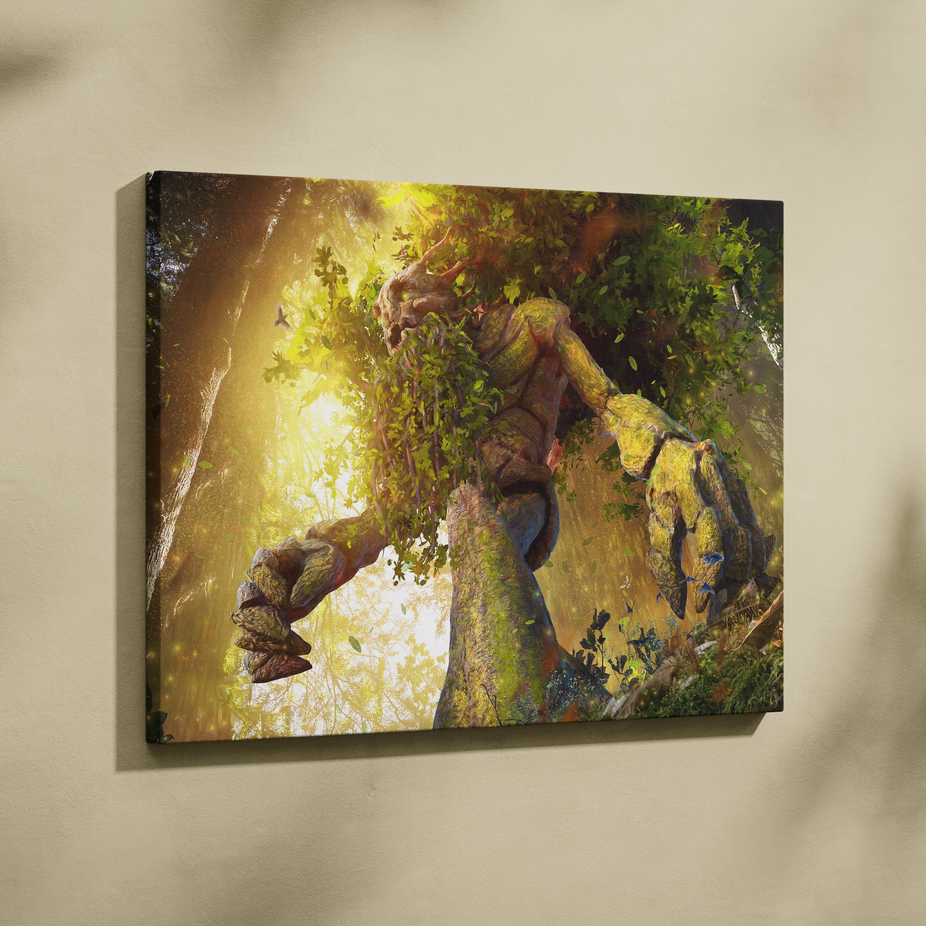Ancient Forest Guardian Canvas Art – Giant Tree Ent Creature, Sunlit Woodland Magic, Lush Green Nature Fantasy, Mystical Golden Light, Epic Cinematic Wall Decor