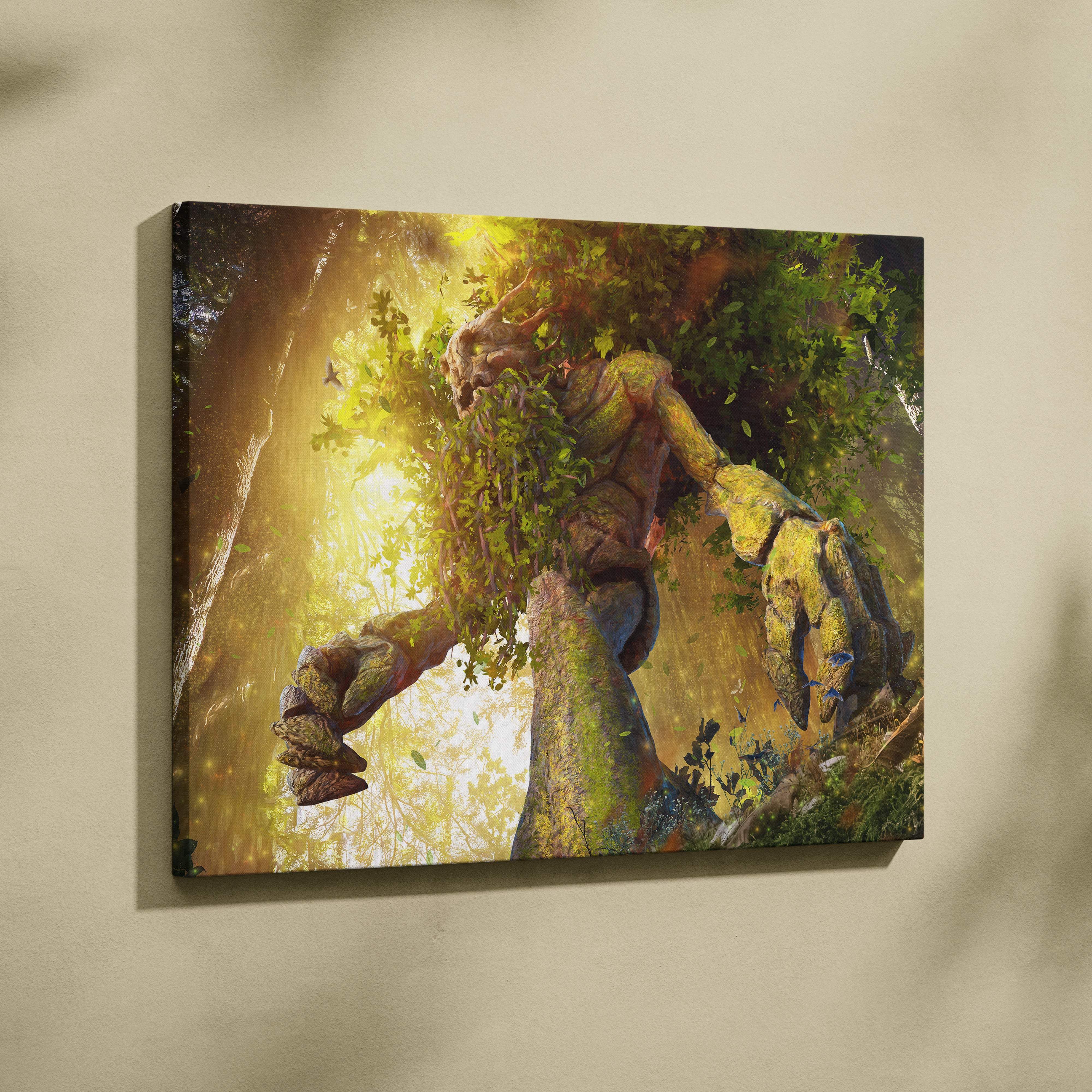 Ancient forest guardian canvas art featuring a mossy tree ent figure in green and brown bark in sunlit woodland