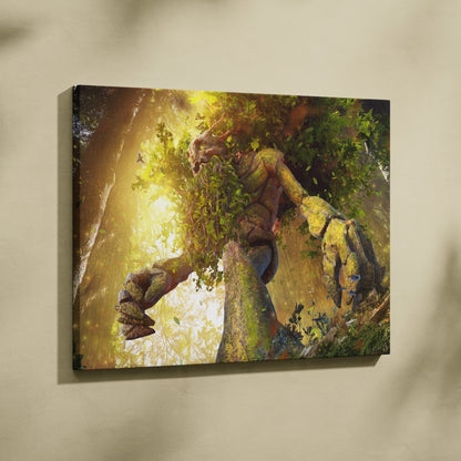 Ancient Forest Guardian Canvas Art – Giant Tree Ent Creature, Sunlit Woodland Magic, Lush Green Nature Fantasy, Mystical Golden Light, Epic Cinematic Wall Decor