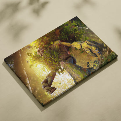 Ancient Forest Guardian Canvas Art – Giant Tree Ent Creature, Sunlit Woodland Magic, Lush Green Nature Fantasy, Mystical Golden Light, Epic Cinematic Wall Decor