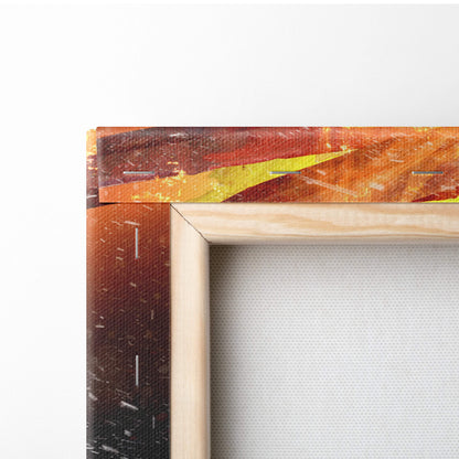 A wooden-framed canvas print featuring an abstract fiery orange red and yellow design for intense wall decor