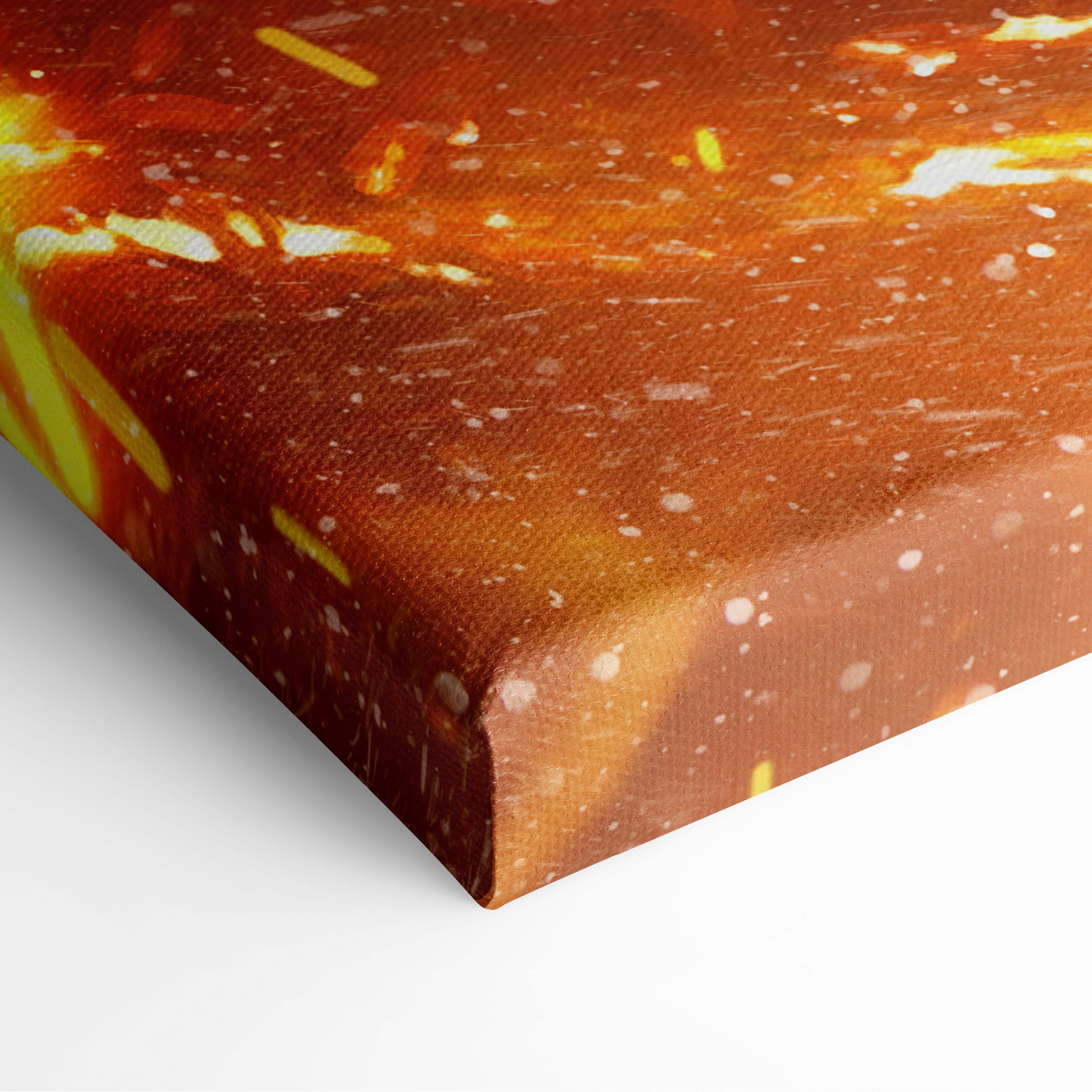 A textured canvas print of inferno knight eclipse art featuring fiery armored warrior with orange yellow hues