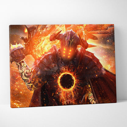 Inferno knight eclipse canvas art featuring a fiery armored warrior with glowing eyes and intricate gold gauntlets