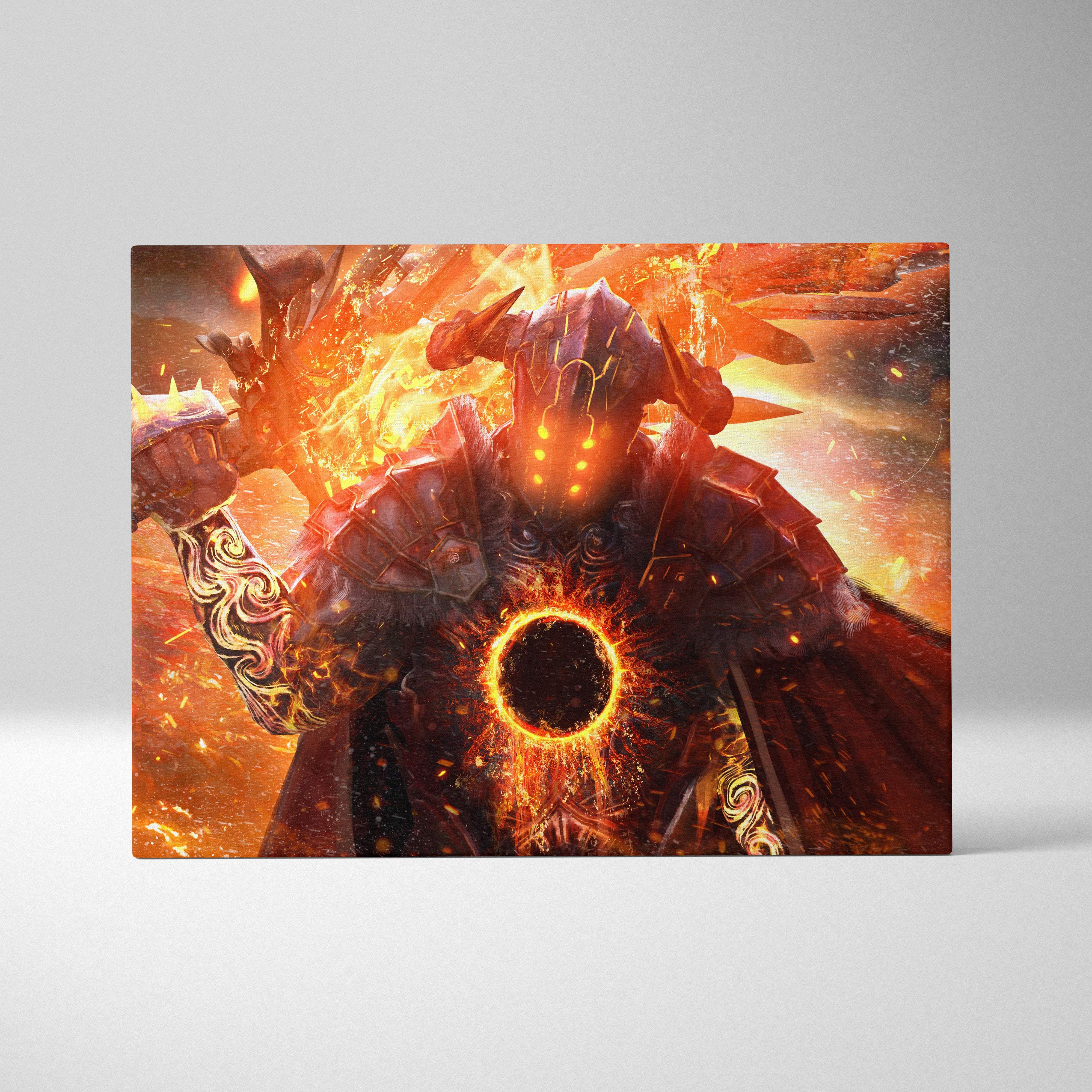 Inferno knight eclipse canvas art featuring fiery armored warrior with glowing eyes and gold patterned gauntlets
