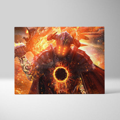 Inferno knight eclipse canvas art featuring fiery armored warrior with glowing eyes and gold patterned gauntlets
