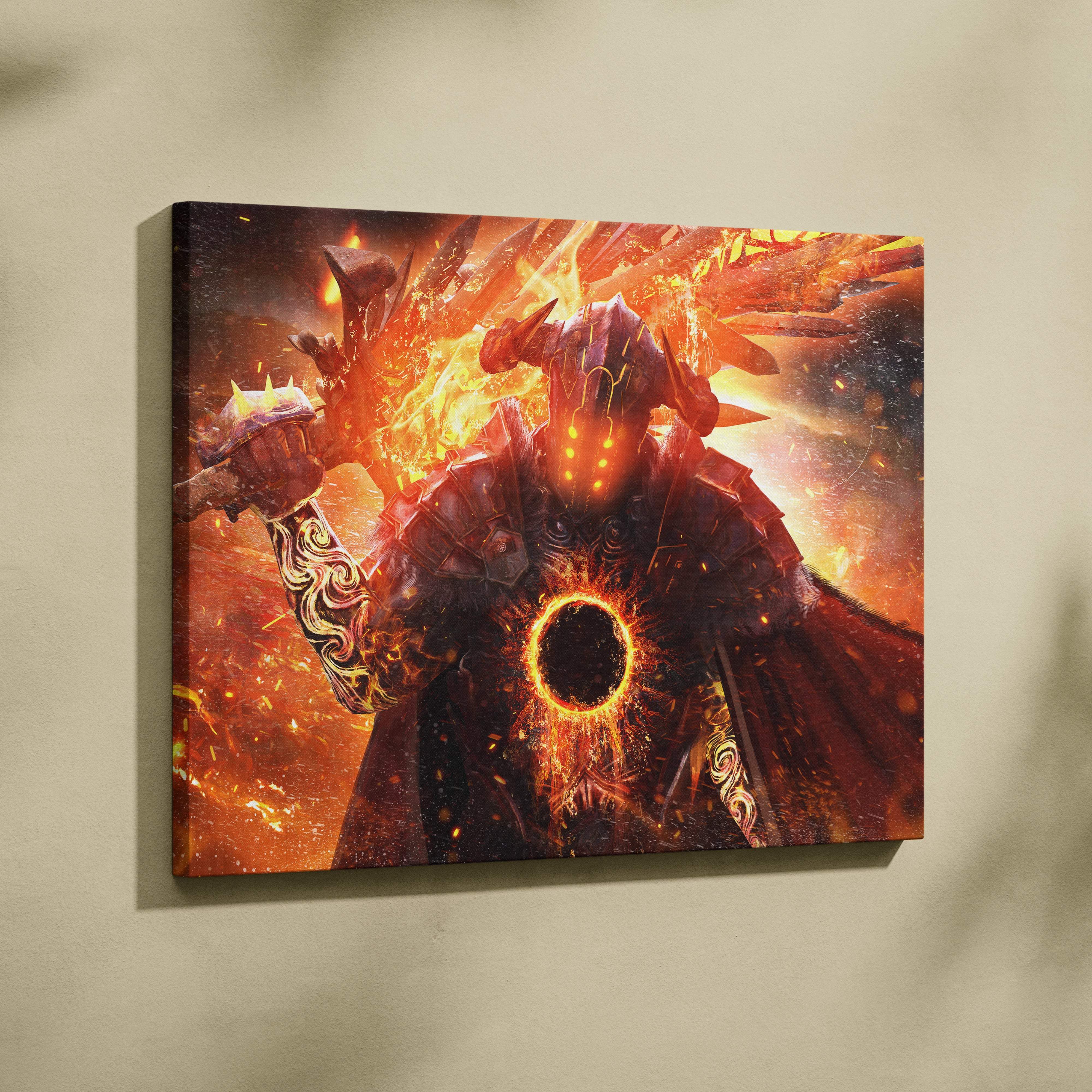 Vibrant orange and black stretched canvas featuring fiery armored warrior with flaming hammer and lava energy core