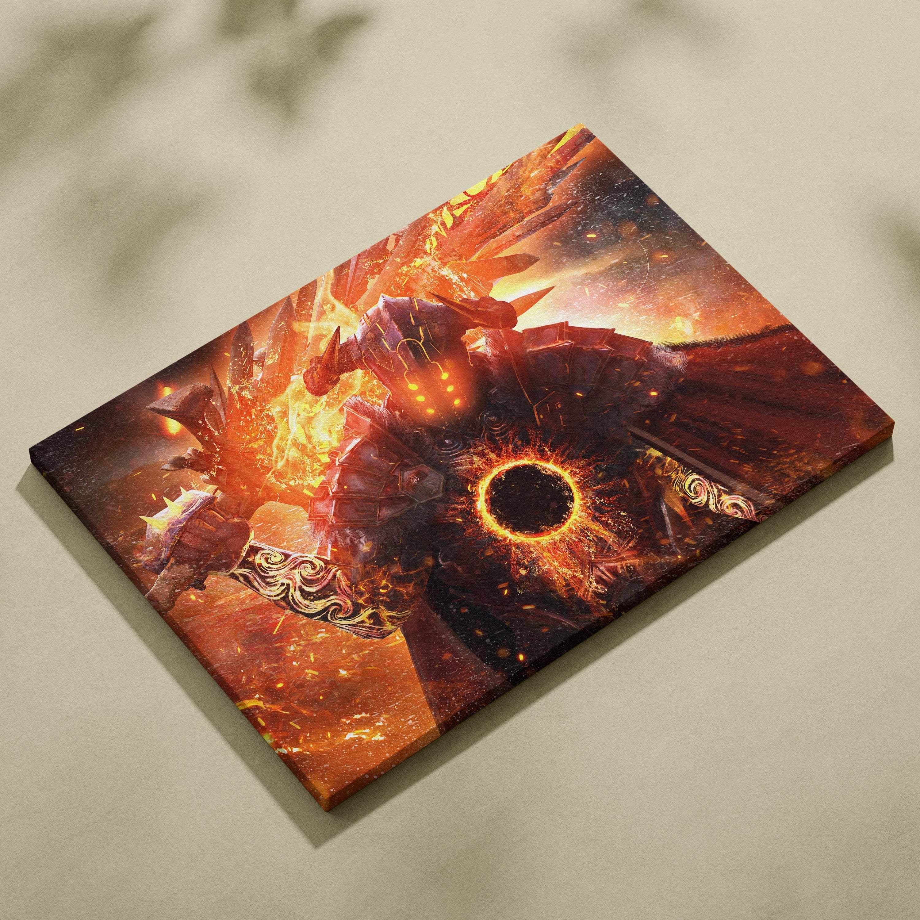 Inferno knight eclipse canvas art featuring a fiery armored warrior with flaming hammer in vibrant orange and red flames