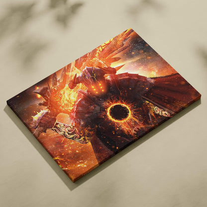Inferno knight eclipse canvas art featuring a fiery armored warrior with flaming hammer in vibrant orange and red flames