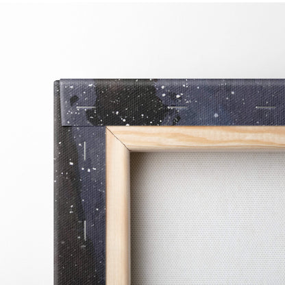 Light-colored wooden frame with black canvas border and white speckles for frost sorcerer rider dark fantasy mage art