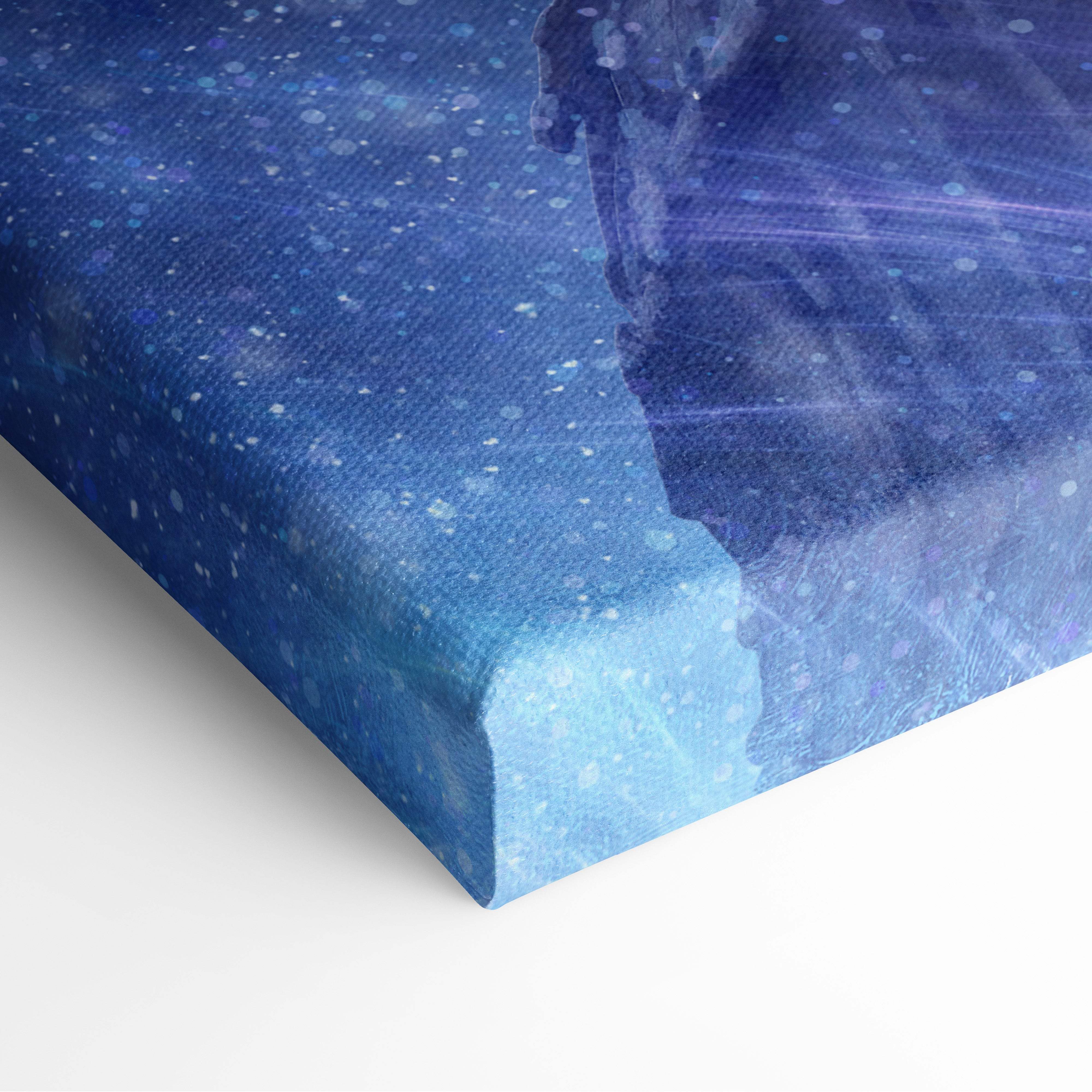 Blue galaxy-themed canvas print featuring frost sorcerer rider mage on armored horse with glowing blue orb magic