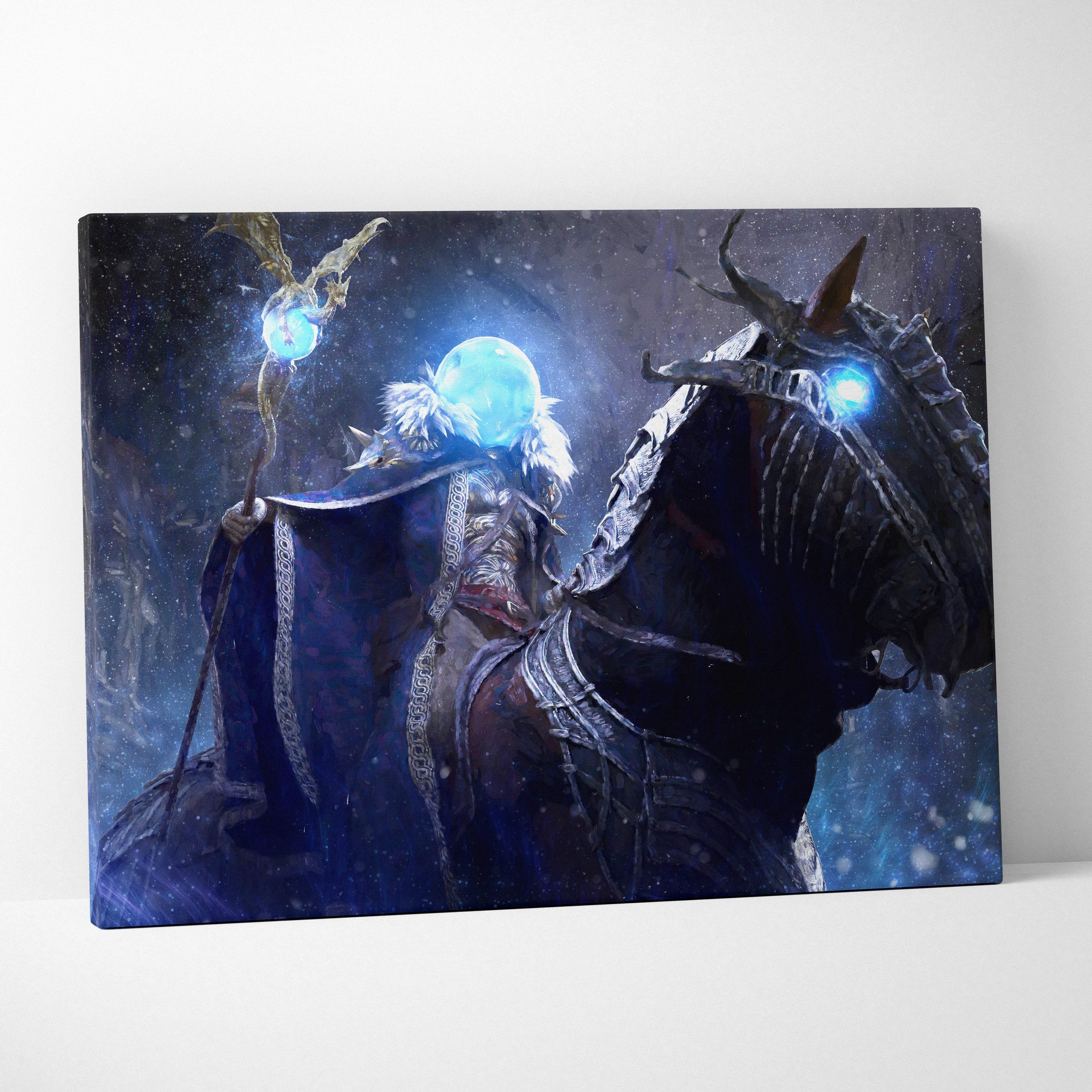 Dark blue canvas print of frost sorcerer rider on armored horse holding glowing blue orb magic in winter snowstorm