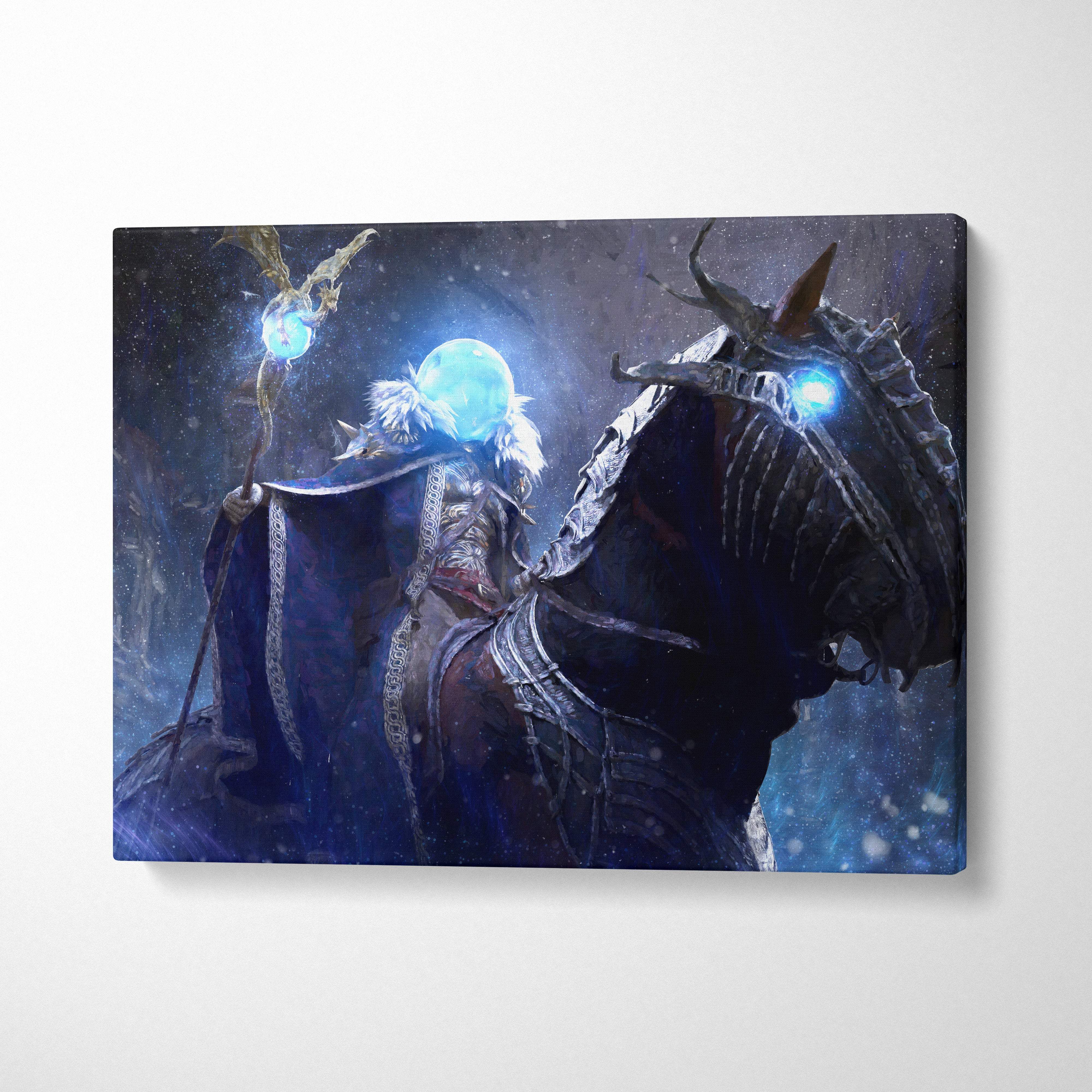 Dark fantasy canvas art of a frost sorcerer rider in glowing blue orb magic on a skeletal horse with cosmic backdrop