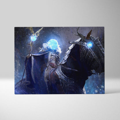 Dark fantasy canvas art of a cloaked frost sorcerer rider on glowing blue armored horse in a cosmic winter storm background
