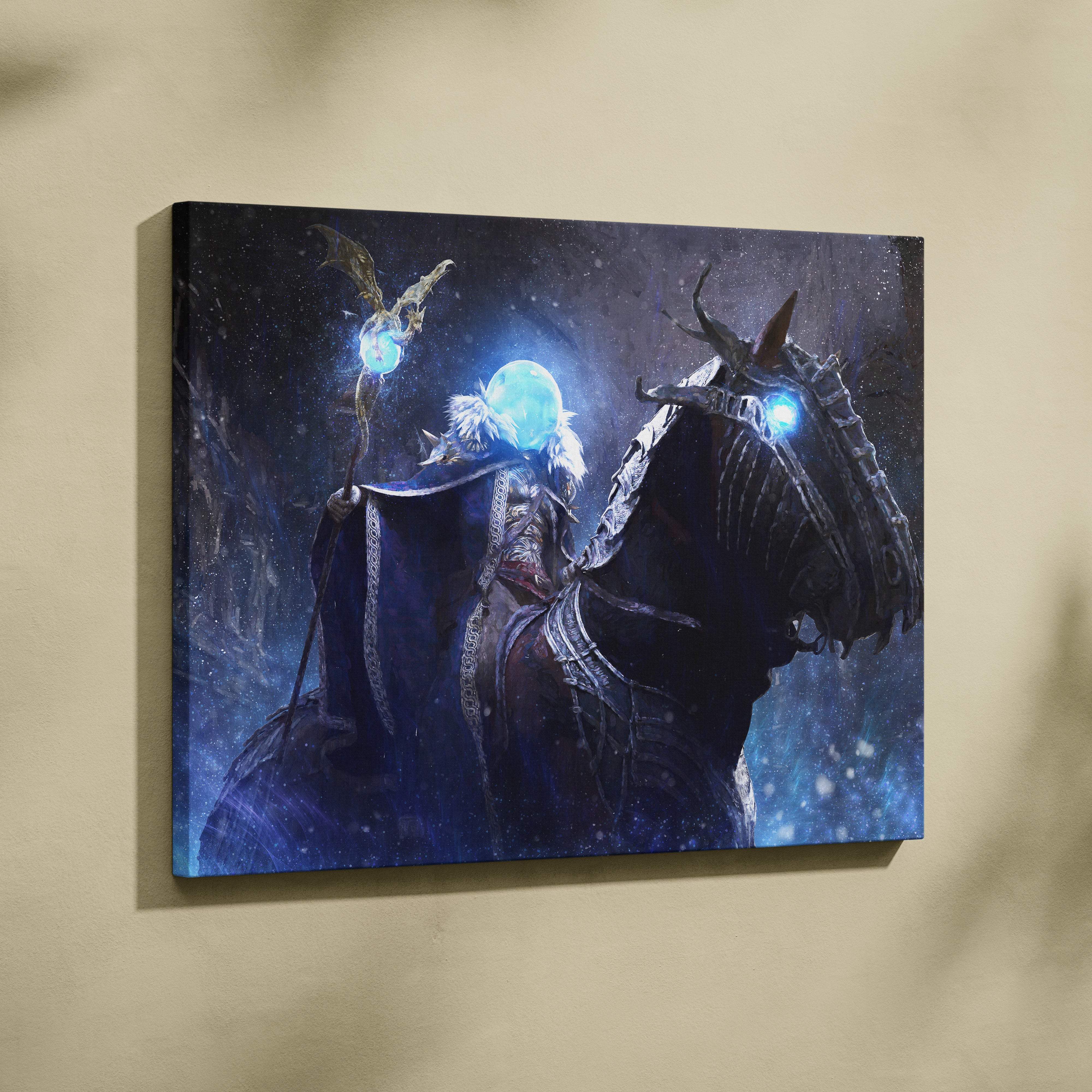 Dark fantasy canvas print of frost sorcerer rider with glowing blue orbs on armored horse mounted on black textured surface