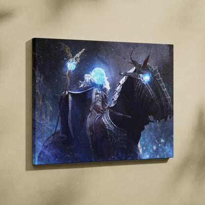 Dark fantasy canvas print of frost sorcerer rider with glowing blue orbs on armored horse mounted on black textured surface