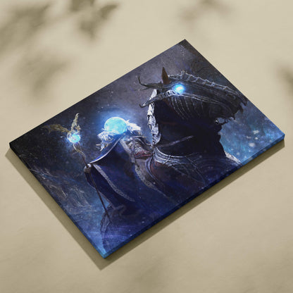 Dark blue canvas print of frost sorcerer rider with ornate armor and glowing blue orbs in a winter snow storm