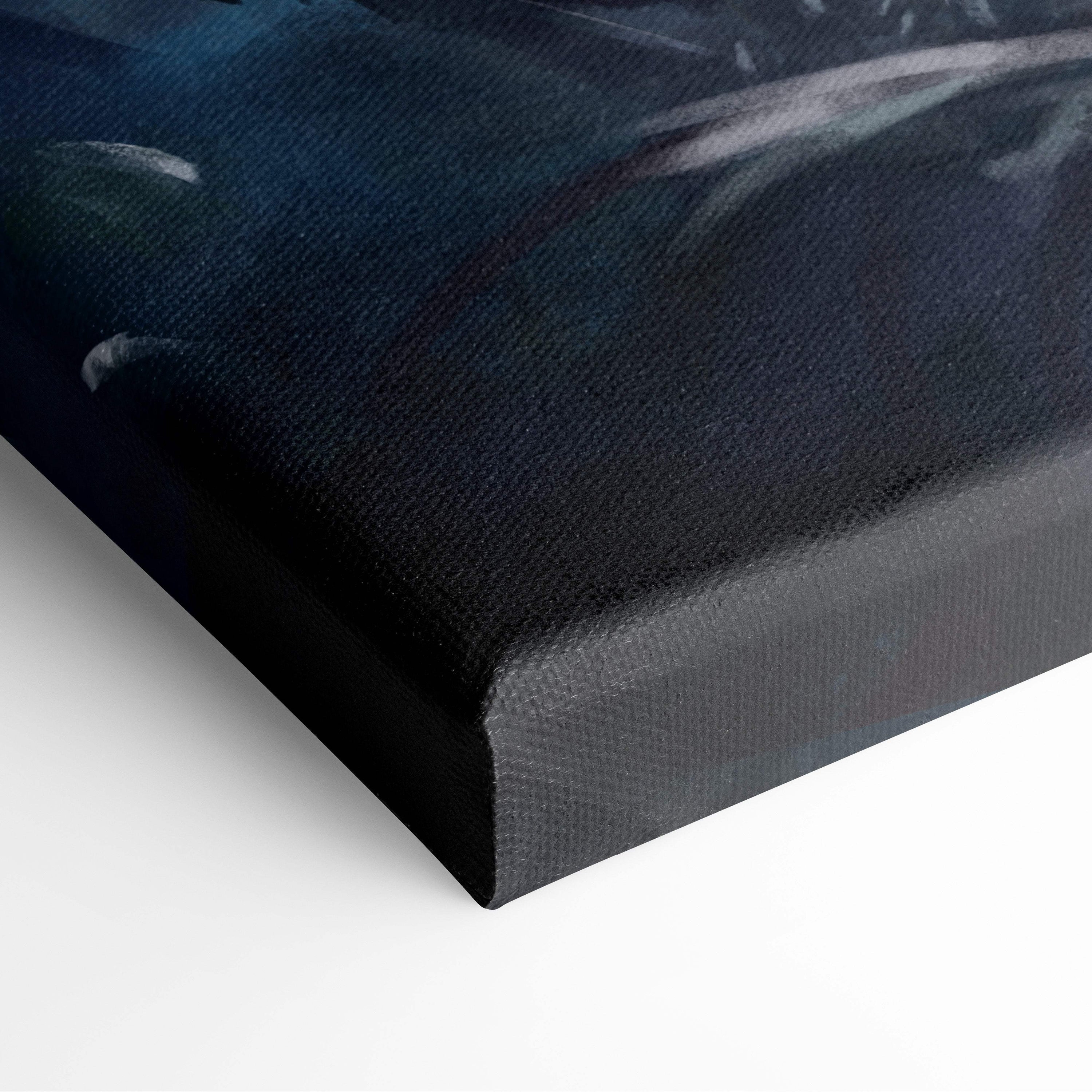 Black canvas print with textured surface featuring dark blue abstract gothic warrior artwork for medieval decor