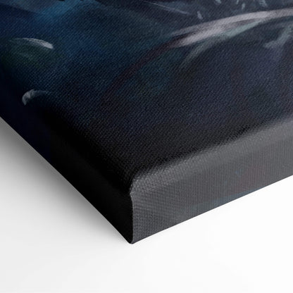 Black canvas print with textured surface featuring dark blue abstract gothic warrior artwork for medieval decor