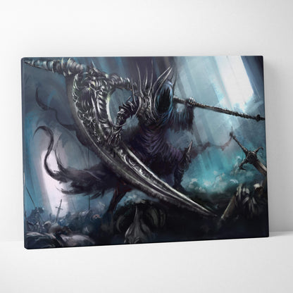 Dark knight battle canvas print of a blue gothic skeletal warrior wielding a massive scythe in a medieval fantasy scene