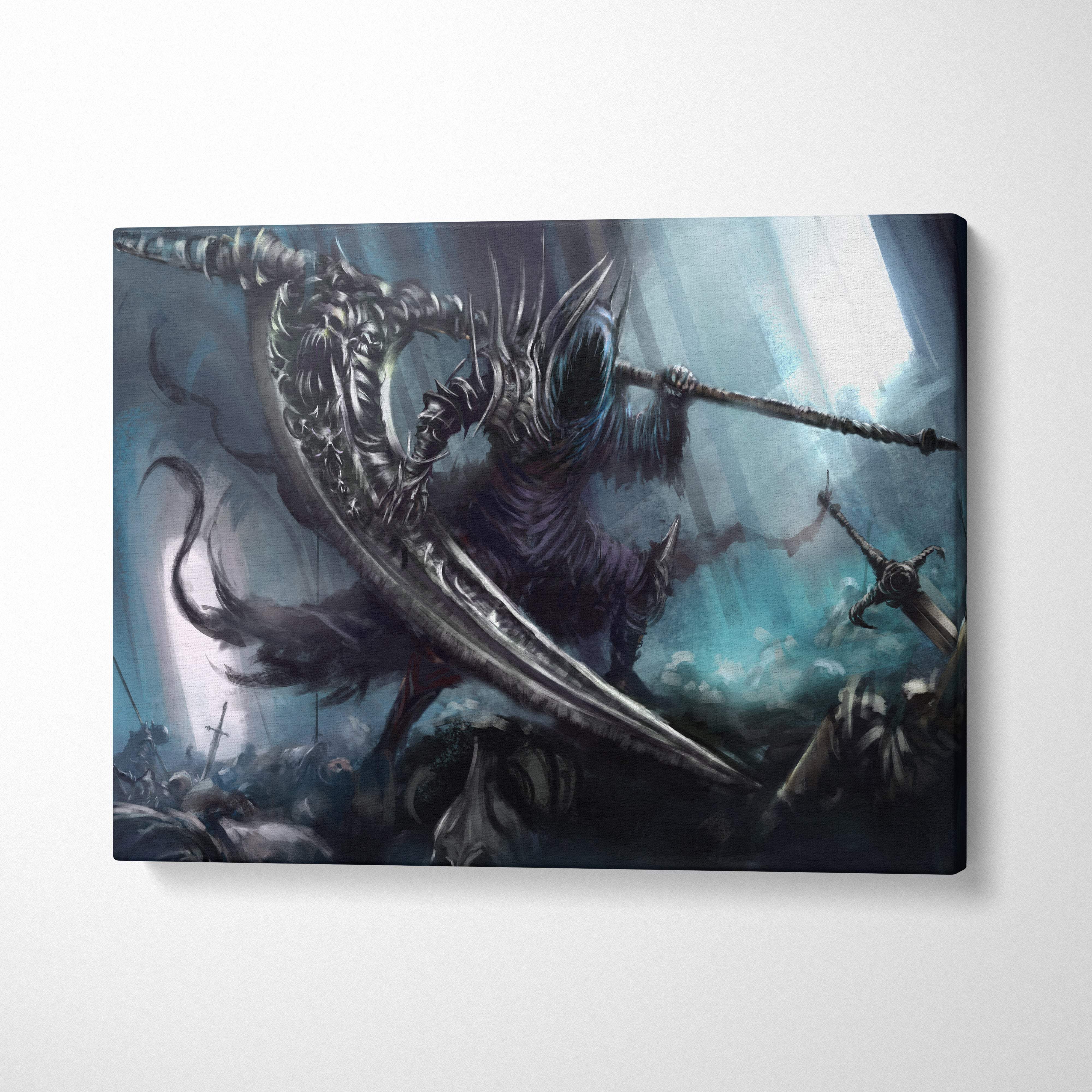 Dark knight battle canvas print featuring a blue gothic skeletal warrior with a scythe in a dramatic fantasy scene
