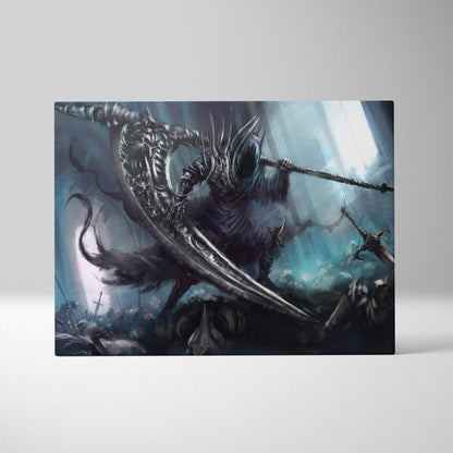 Dark knight battle canvas print of a blue gothic skeletal warrior with an ornate curved scythe for medieval decor