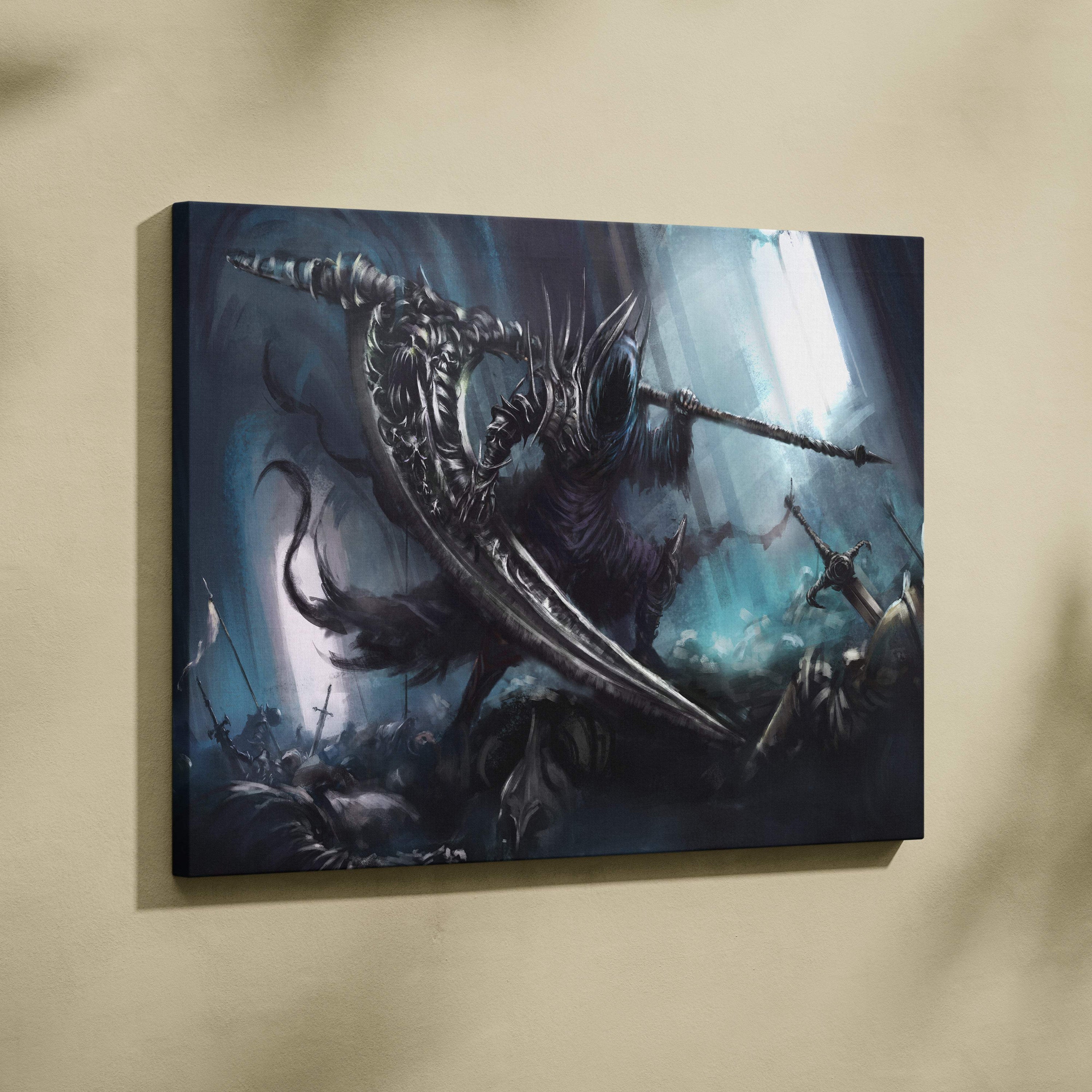 Dark knight battle canvas print featuring a menacing blue armored warrior with an ornate scythe in gothic fantasy style