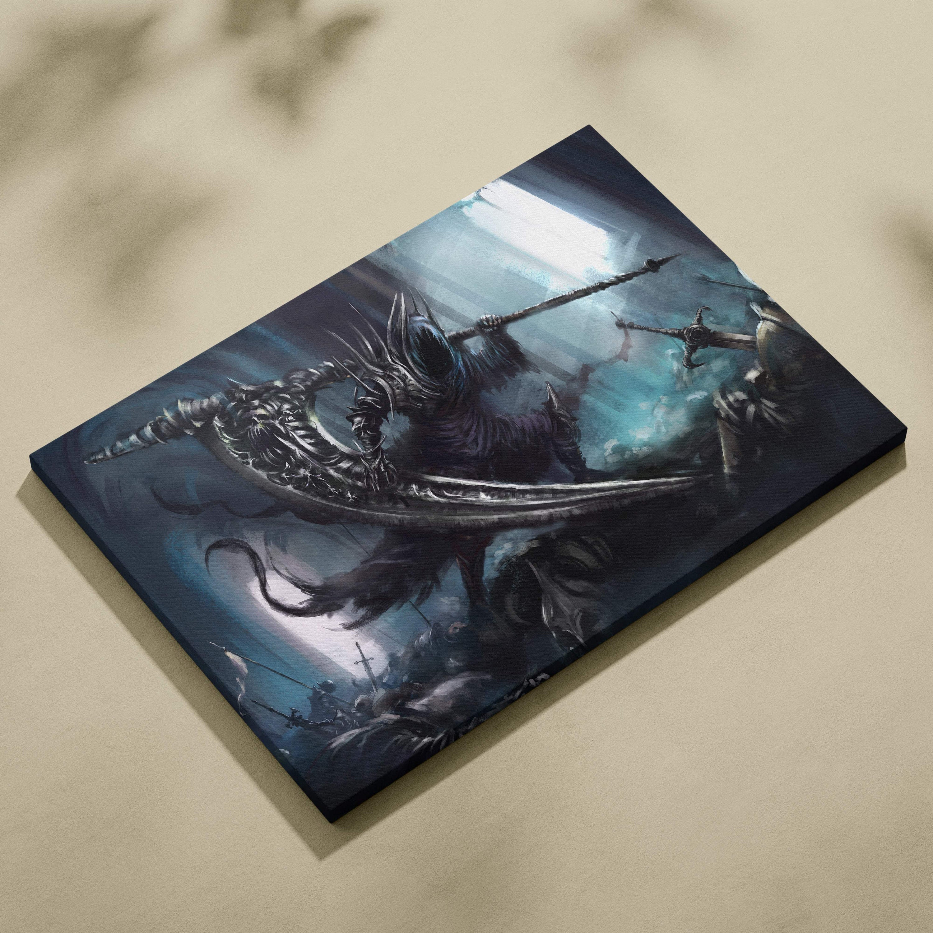 Dark knight battle canvas print featuring a blue gothic fantasy warrior in ornate armor with a massive spear