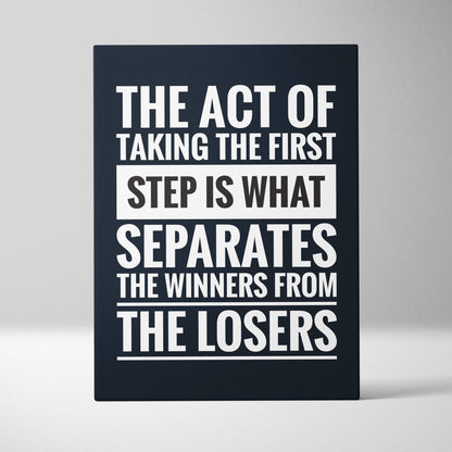 Black canvas print with bold white and black text motivational quote for office or home decor wall art