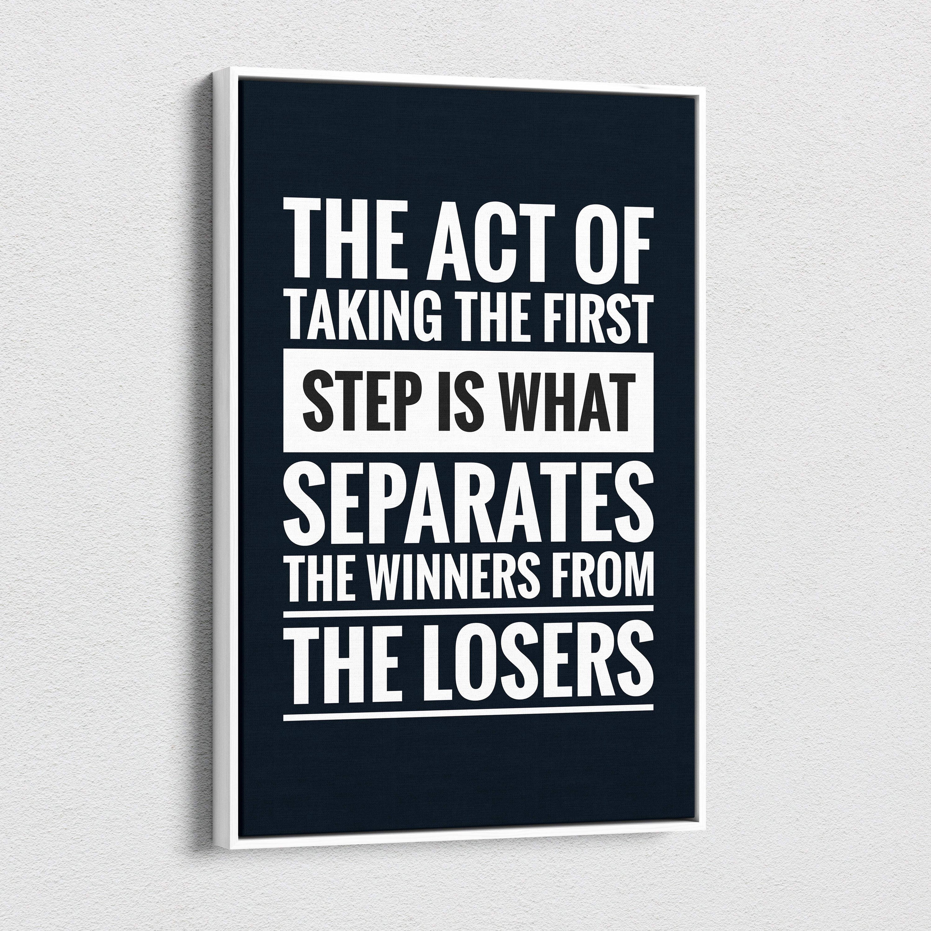 A framed motivational wall art print with bold white text on navy background in a white frame for office or home decor