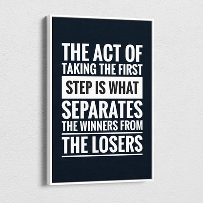 A framed motivational wall art print with bold white text on navy background in a white frame for office or home decor