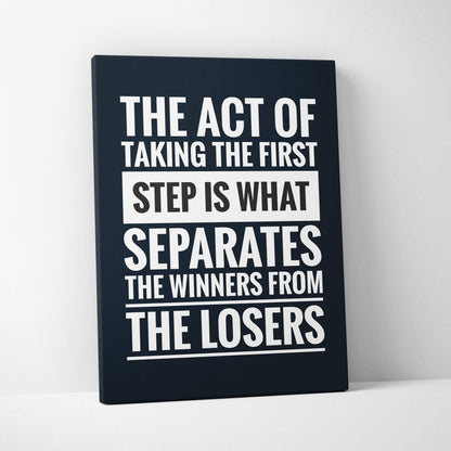 Black canvas print with bold white and black text featuring a motivational success quote for office or home decor