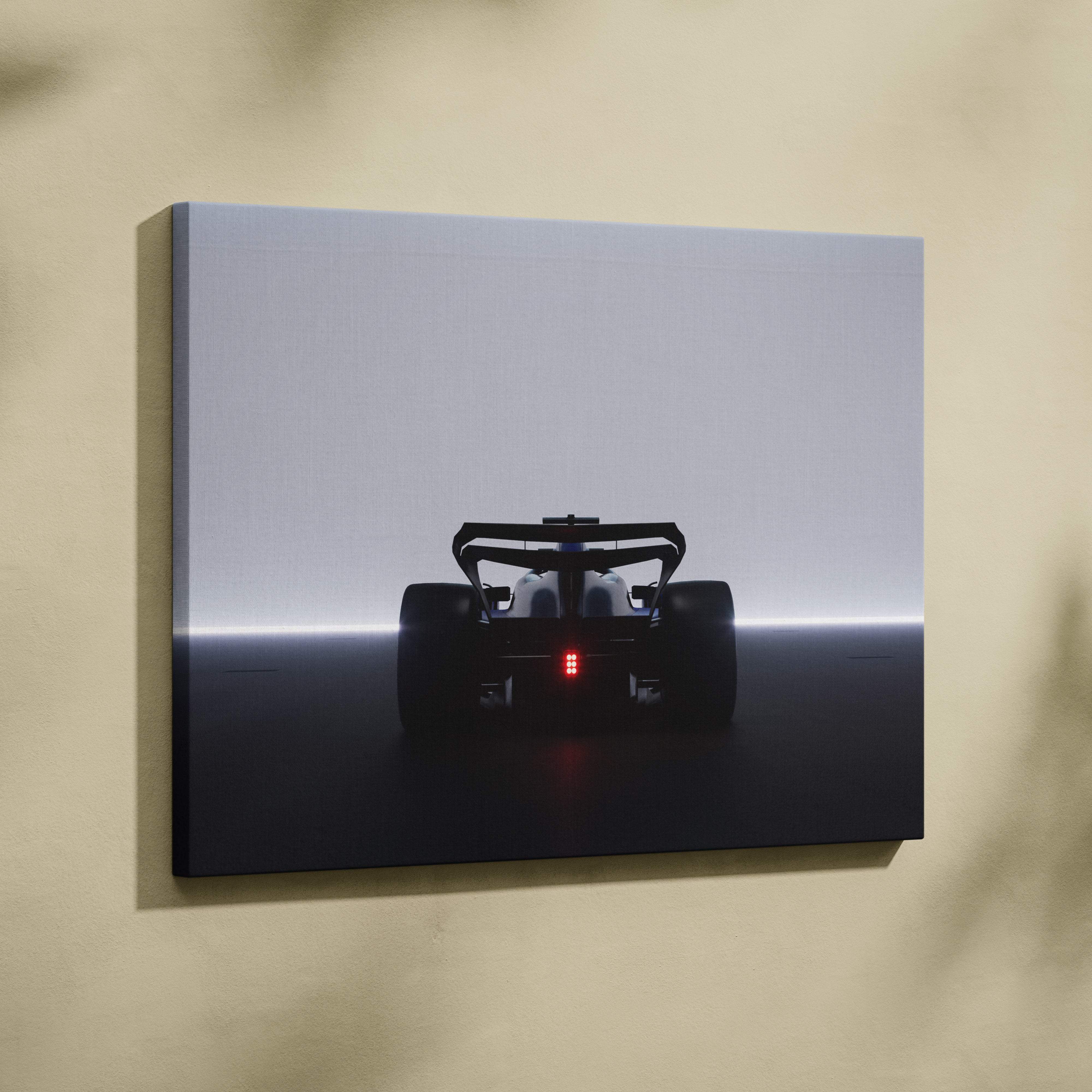 Minimalist formula 1 race car canvas wall art print featuring black silhouette with glowing red taillights for modern interiors