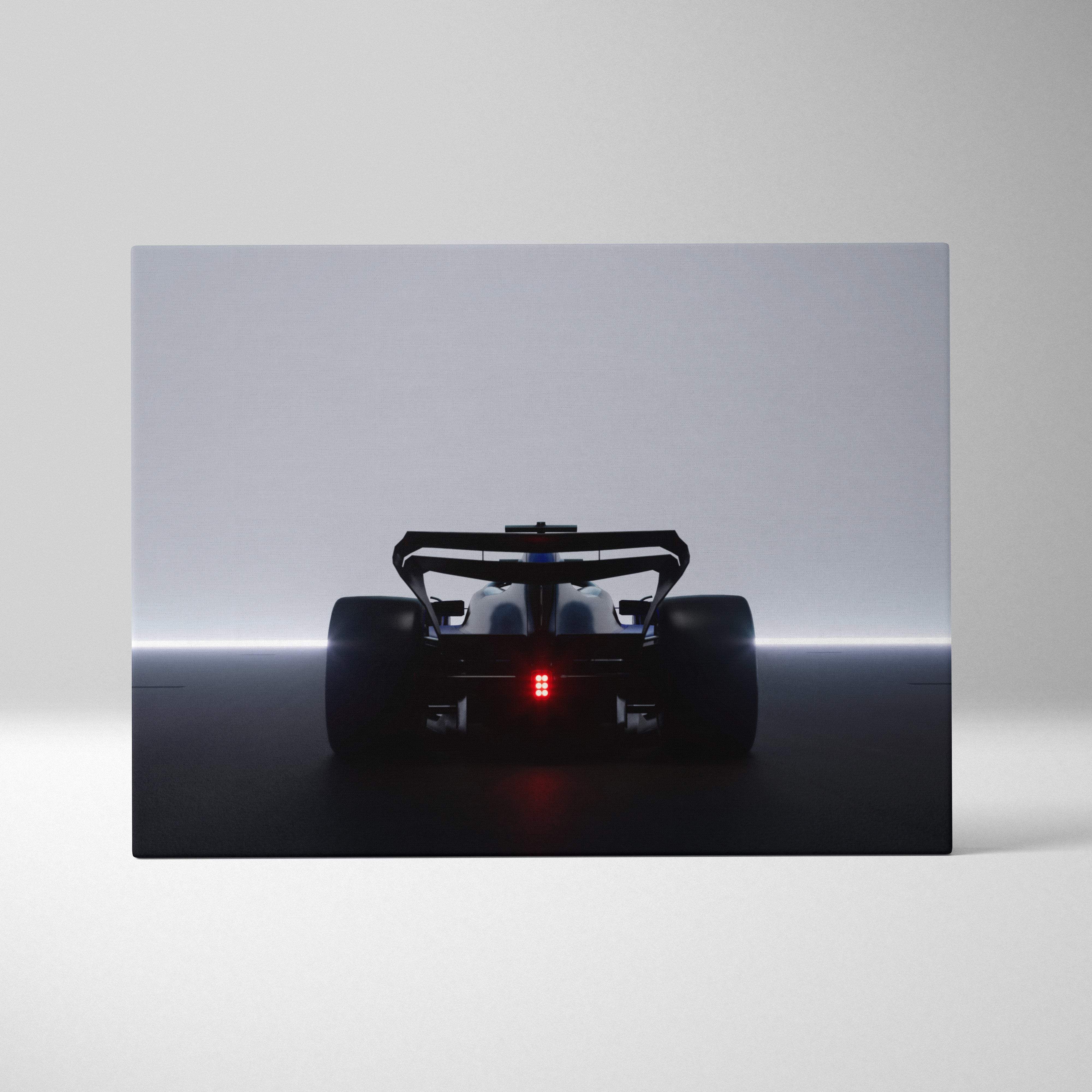 Black formula 1 race car silhouette with glowing red taillights on minimalist canvas wall art for modern garage decor