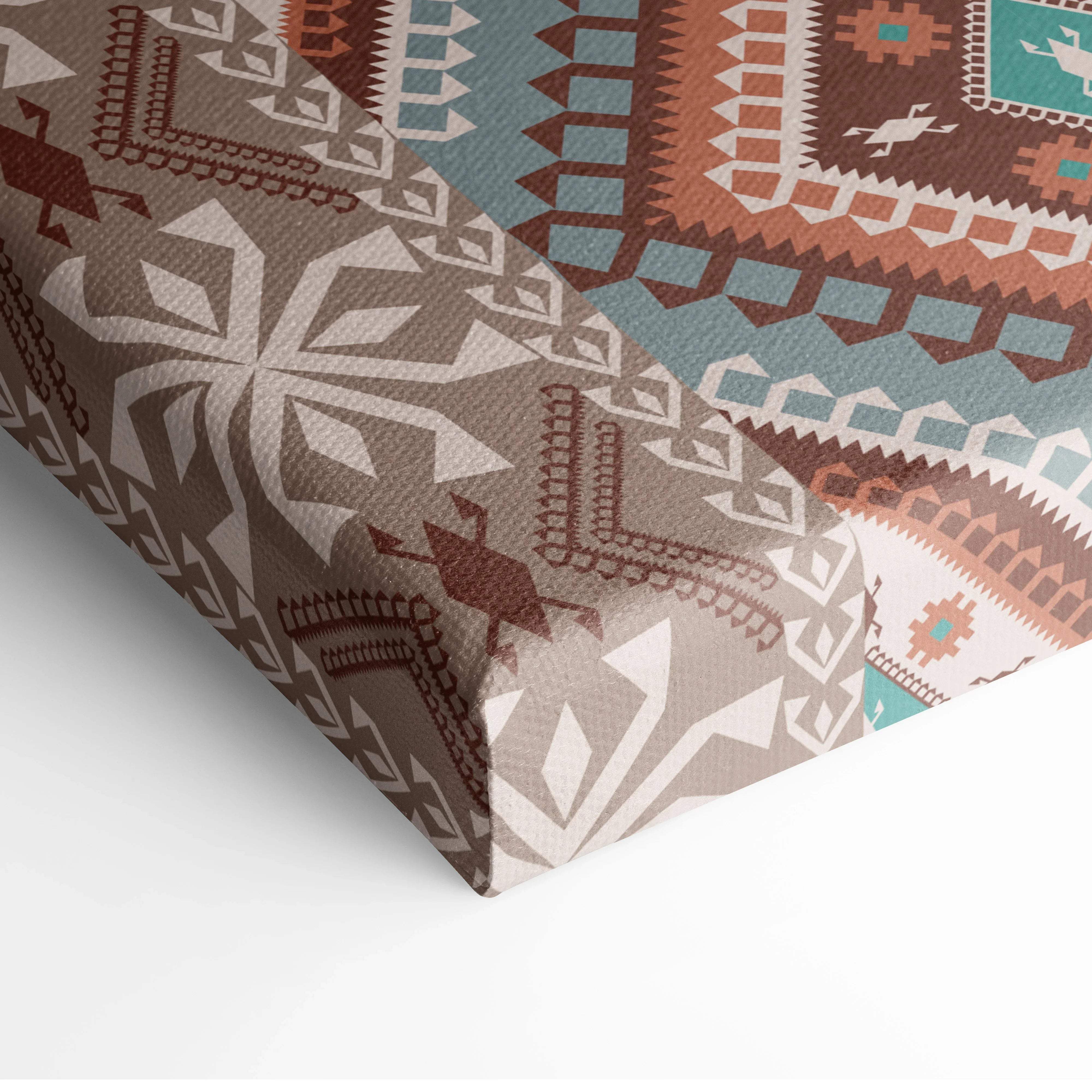 Tribal geometric diamond pattern canvas wall art in boho Aztec style with earthy brown teal cream tones