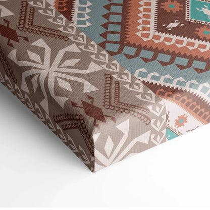 Tribal geometric diamond pattern canvas wall art in boho Aztec style with earthy brown teal cream tones