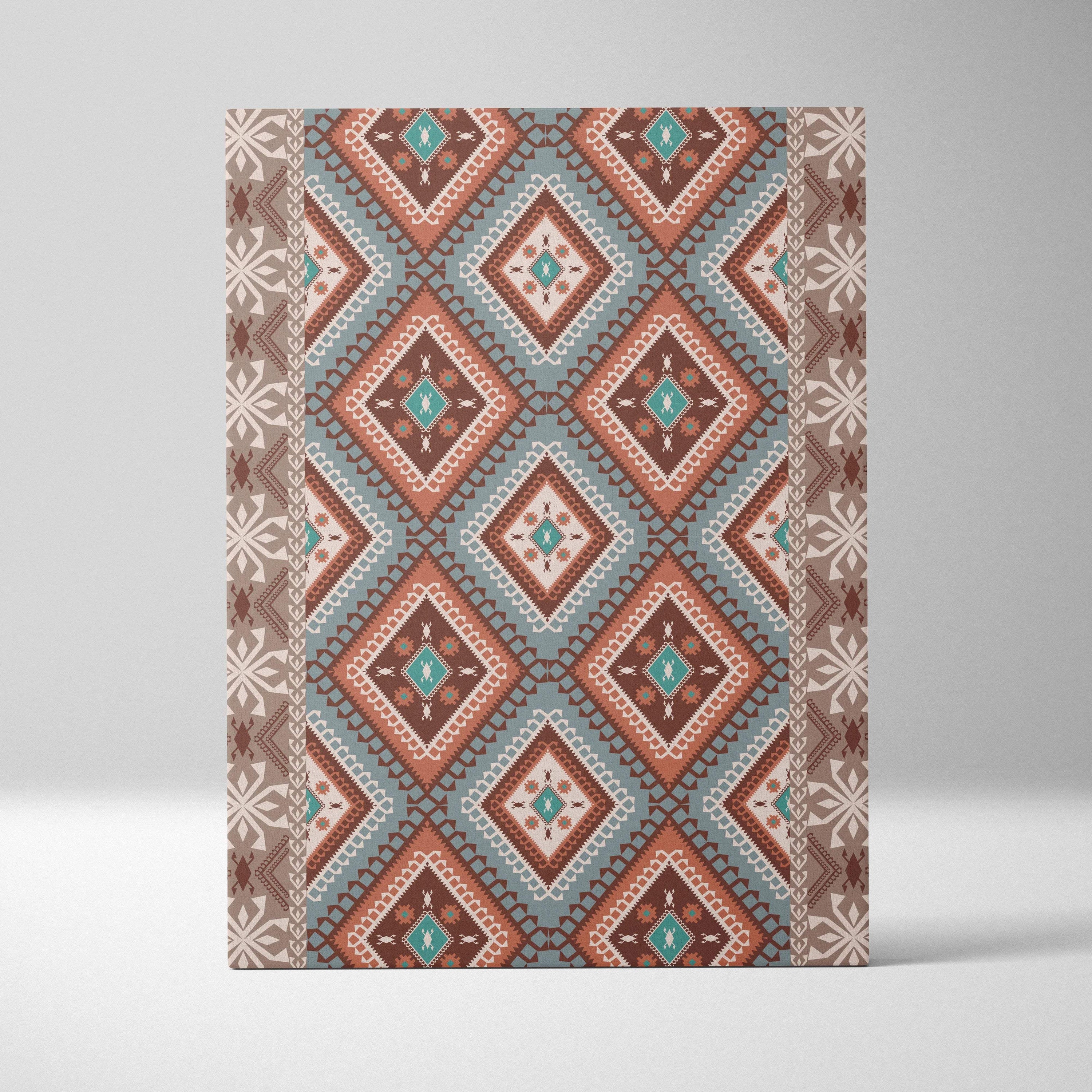Tribal geometric diamond pattern canvas wall art in teal brown beige