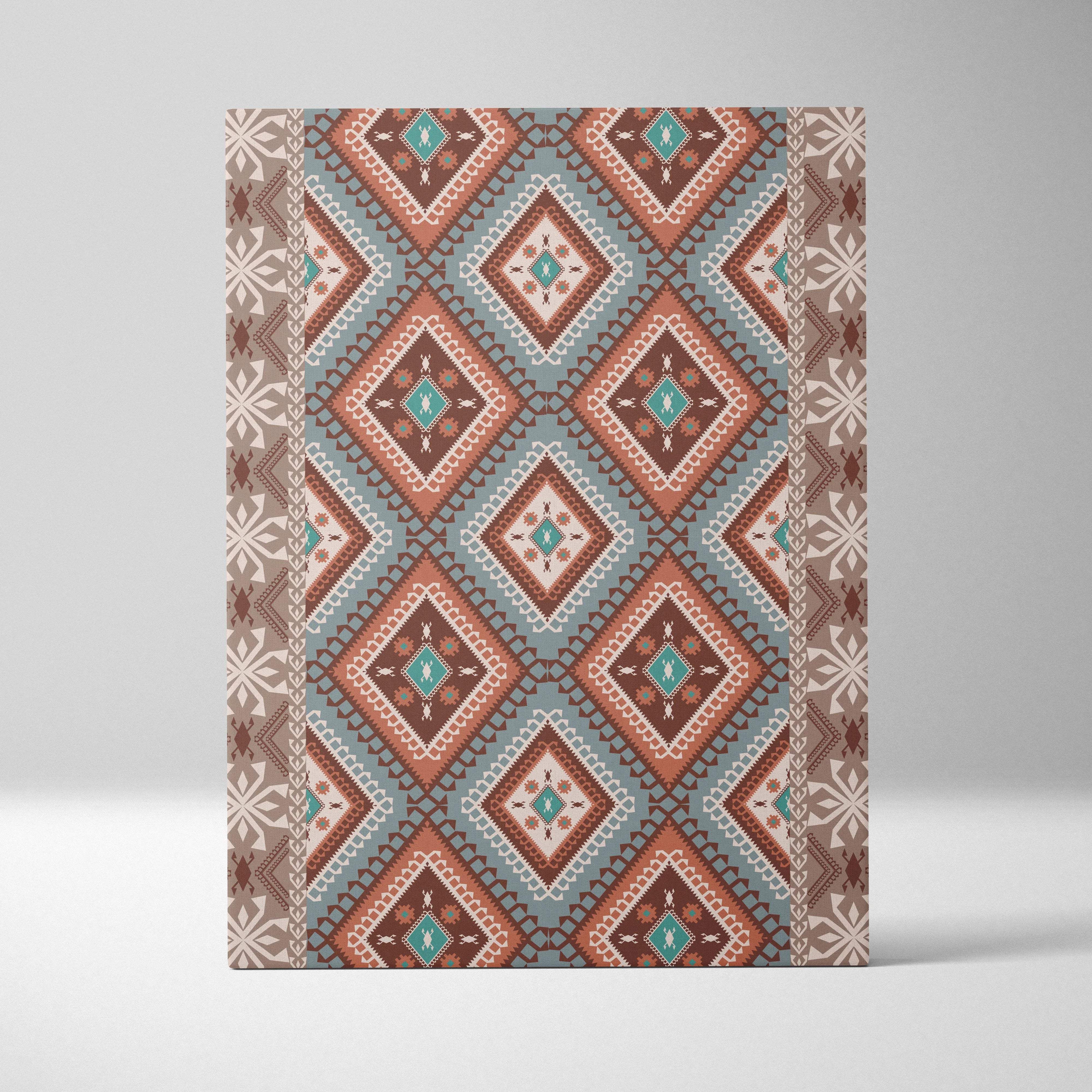 Tribal geometric diamond pattern canvas wall art in teal brown beige
