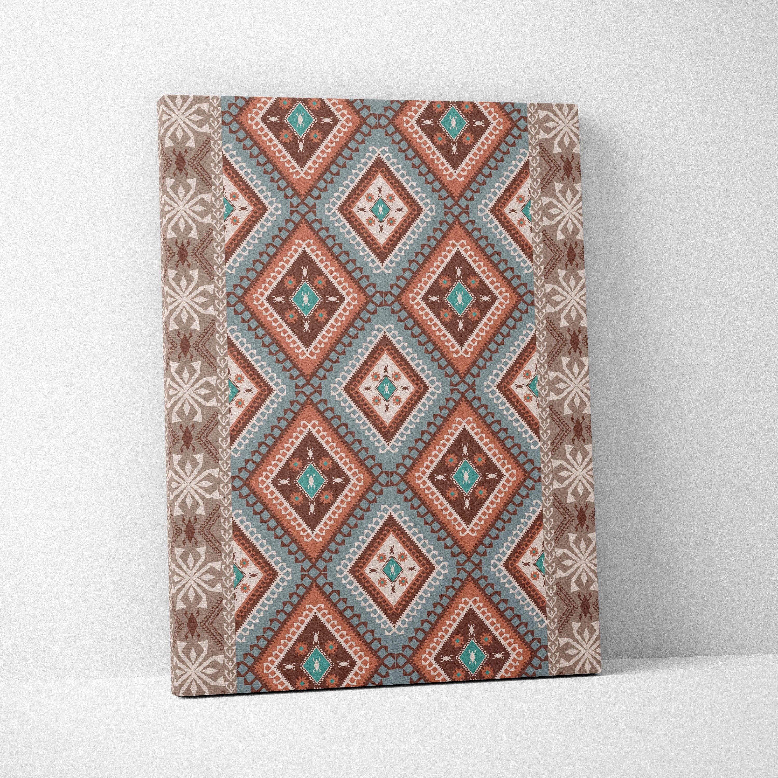Tribal geometric diamond pattern canvas wall art in brown teal beige boho Aztec style