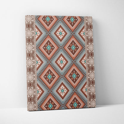 Tribal geometric diamond pattern canvas wall art in brown teal beige boho Aztec style