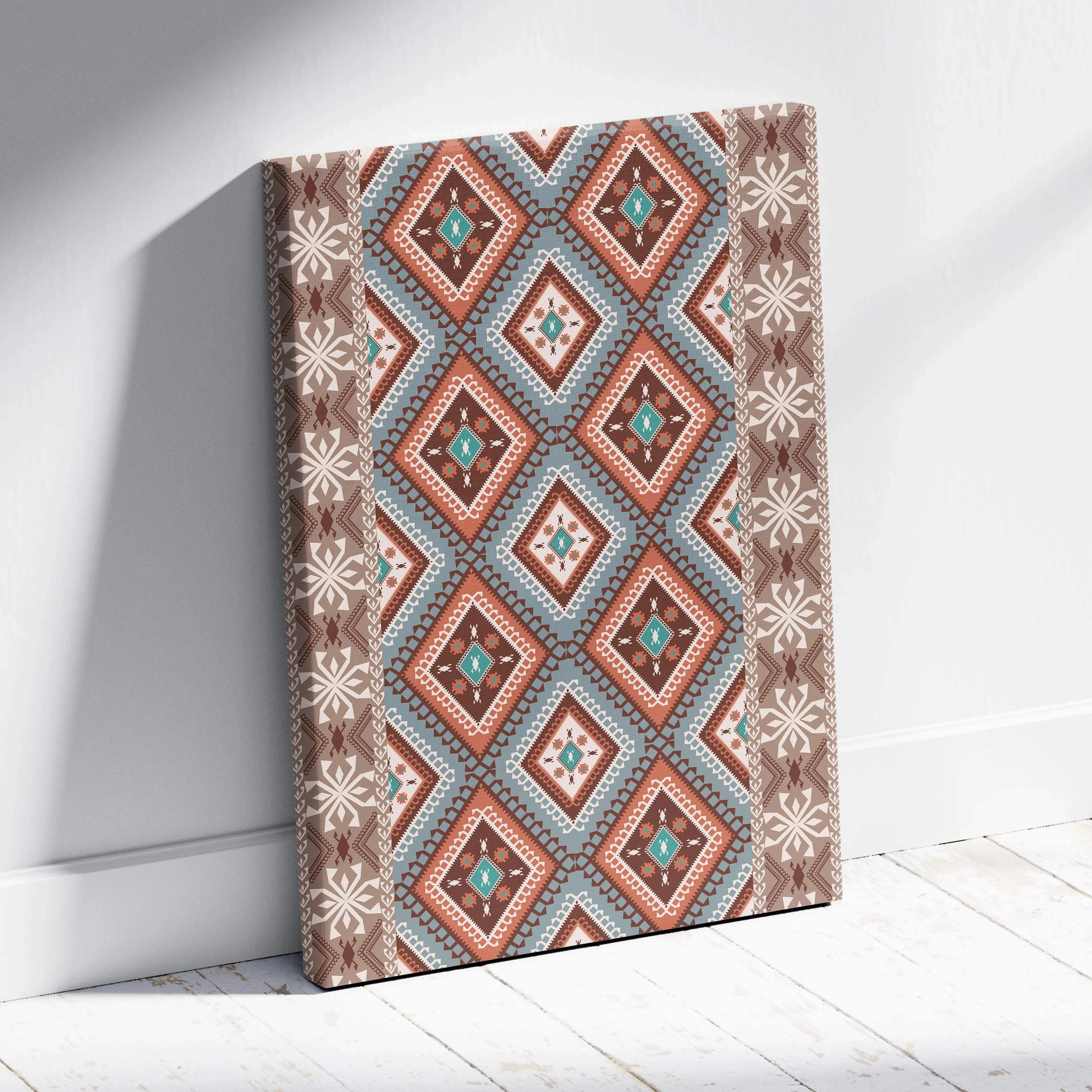 Tribal geometric diamond pattern canvas wall art in brown teal beige