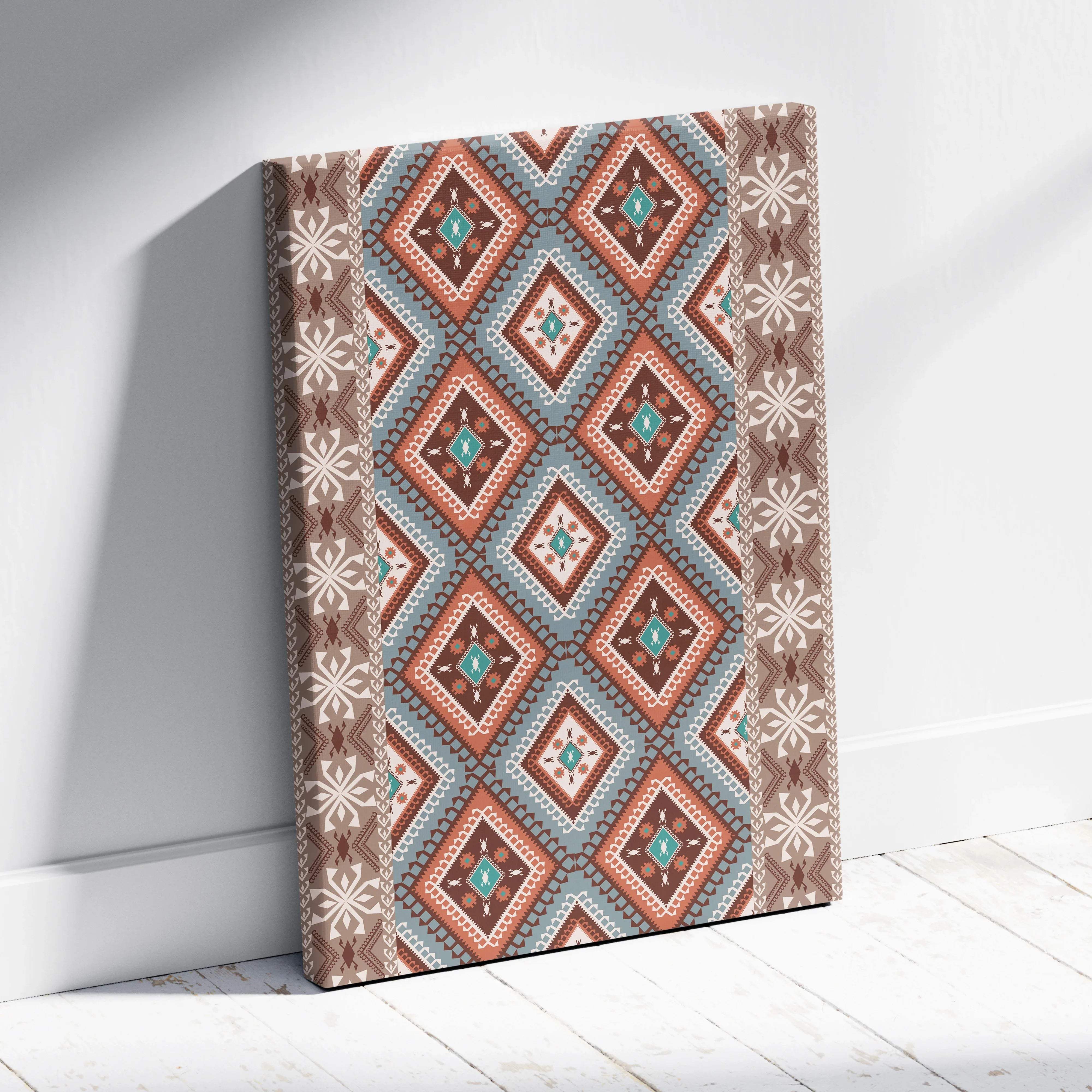 Tribal geometric diamond pattern canvas wall art in brown teal beige