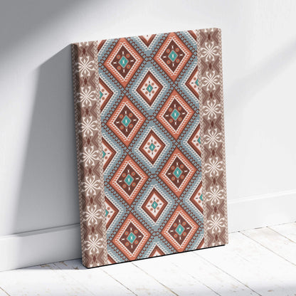 Tribal geometric diamond pattern canvas wall art in brown teal beige