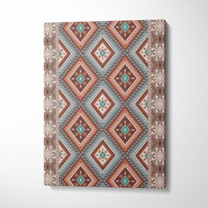 Tribal geometric diamond pattern canvas wall art in teal terracotta beige