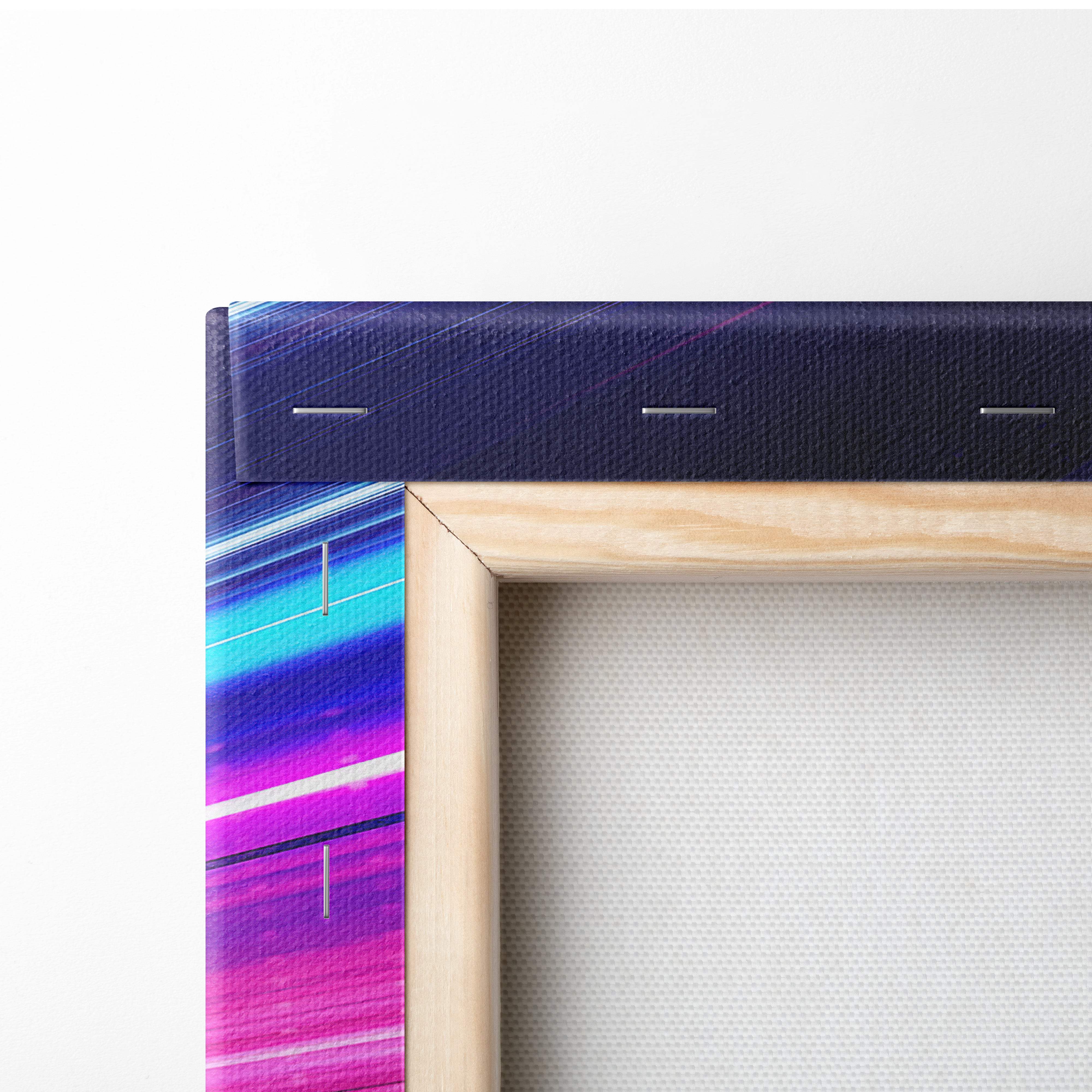 A vibrant neon speed supercar canvas art with blue purple pink streaks in a light wood frame for modern wall decor