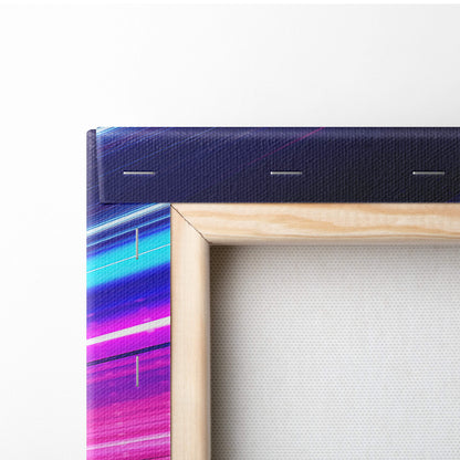 A vibrant neon speed supercar canvas art with blue purple pink streaks in a light wood frame for modern wall decor