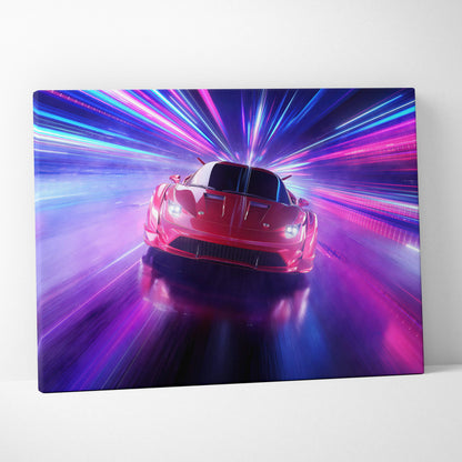 Vibrant red sports car on canvas art with neon blue and purple light streaks for modern sci-fi wall decor