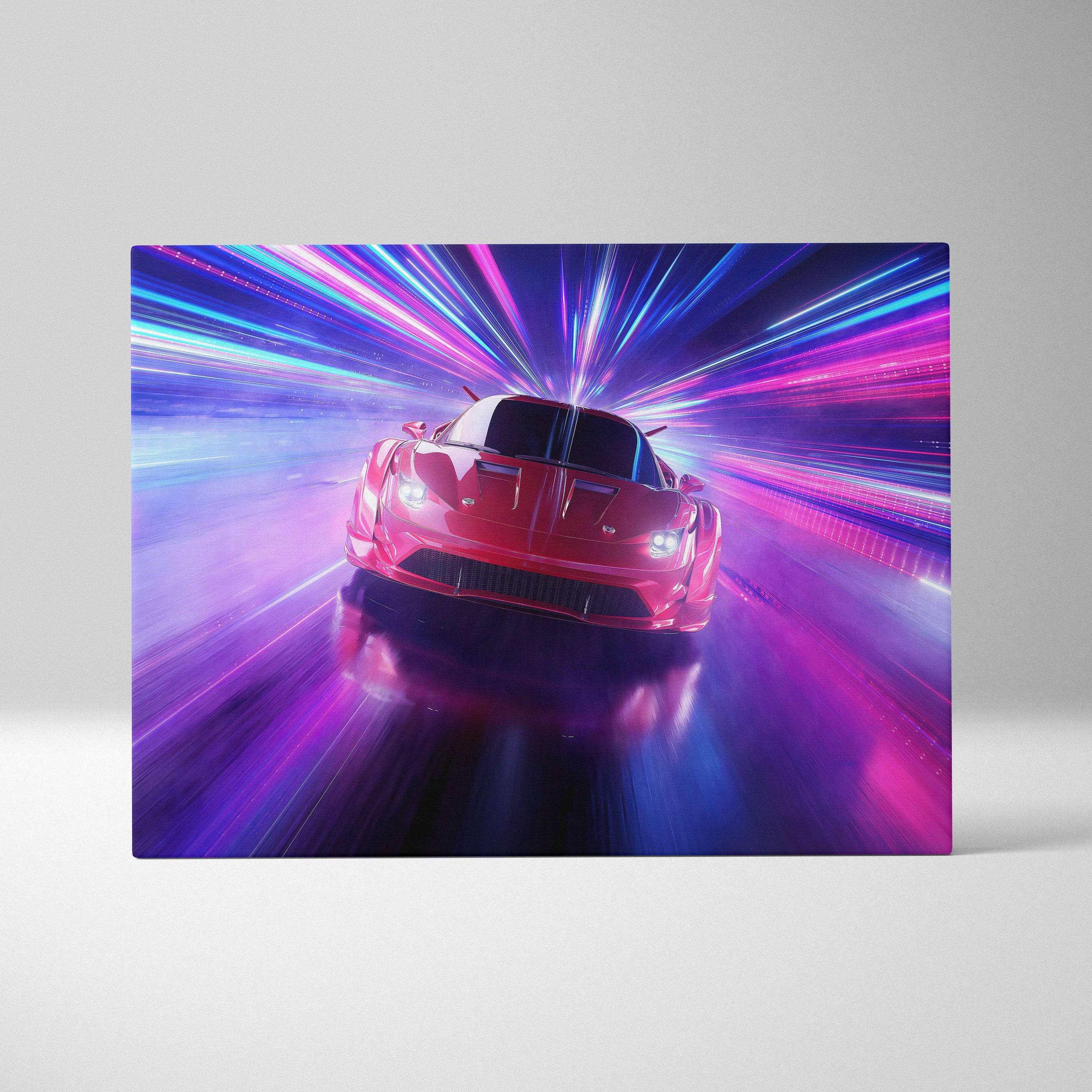 Neon speed supercar canvas art featuring a red sports car with glowing headlights racing through neon light trails